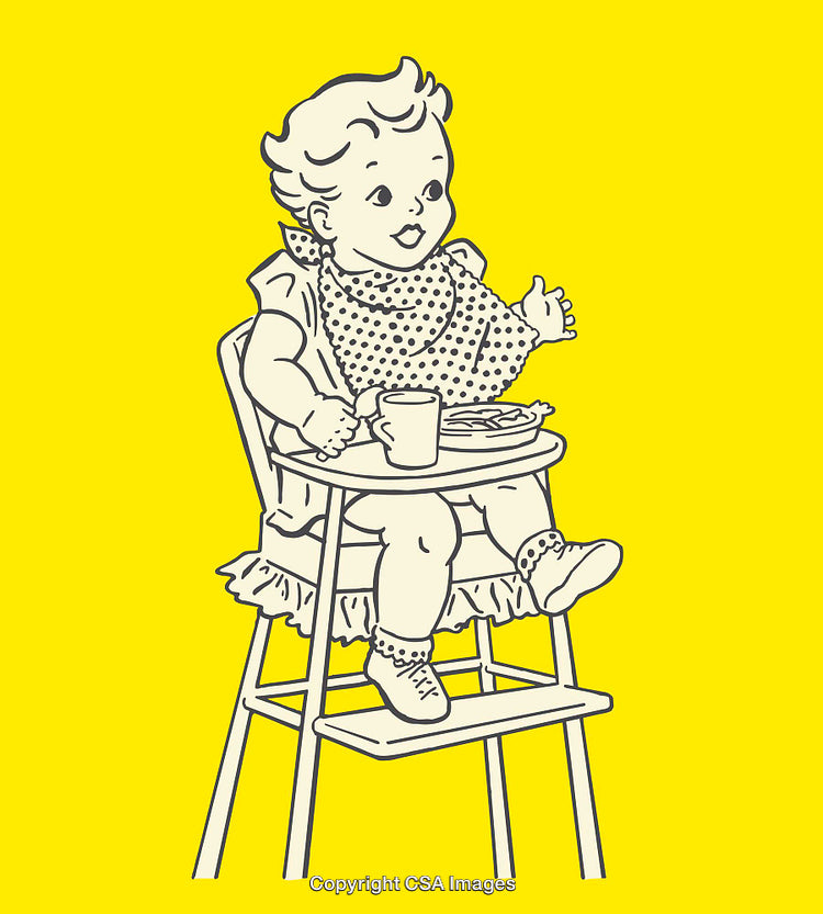 Adorable Child Illustration In High Chair With Food On Bright Yellow Background