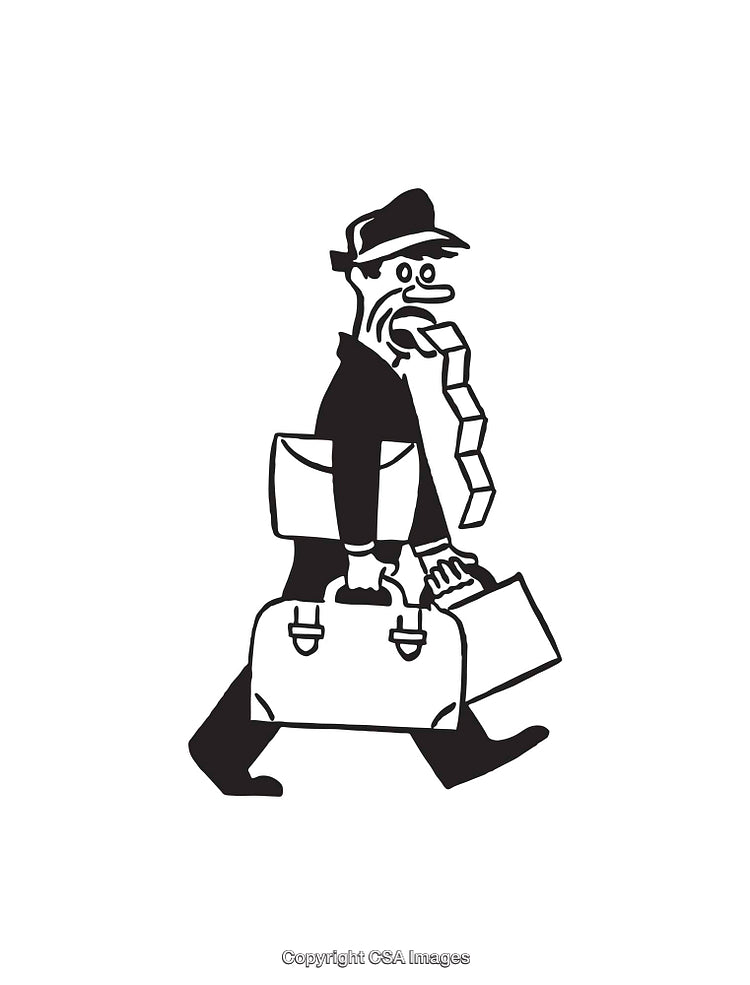 Black and White Illustration of a Character Carrying Luggage