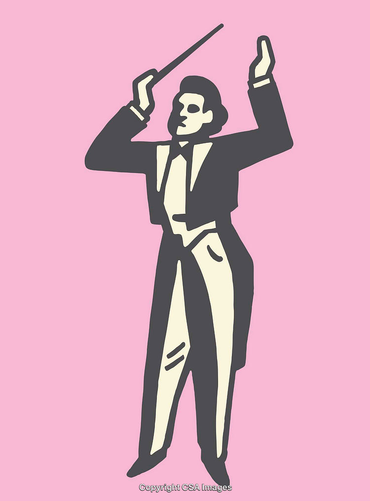 Illustration of a Conductor Leading a Musical Performance on Pink Background