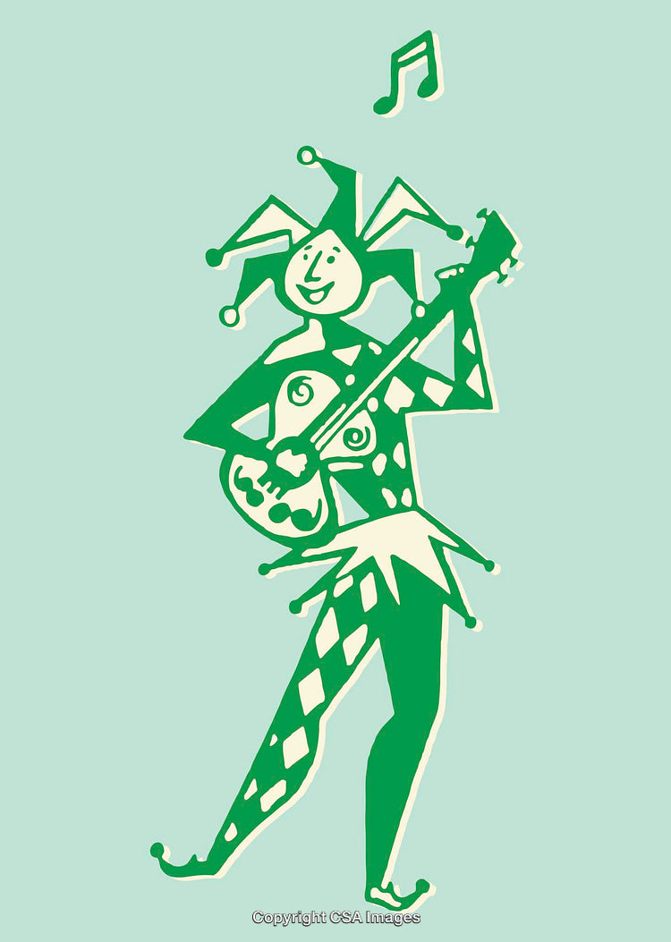 Playful Jester Playing Guitar in Whimsical Green Line Art Illustration