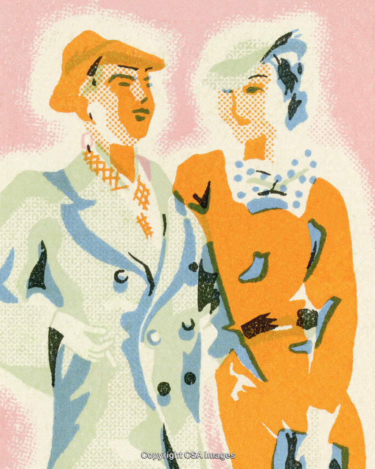 Stylized Illustration of Two Individuals in Vintage Attire on a Bright Background