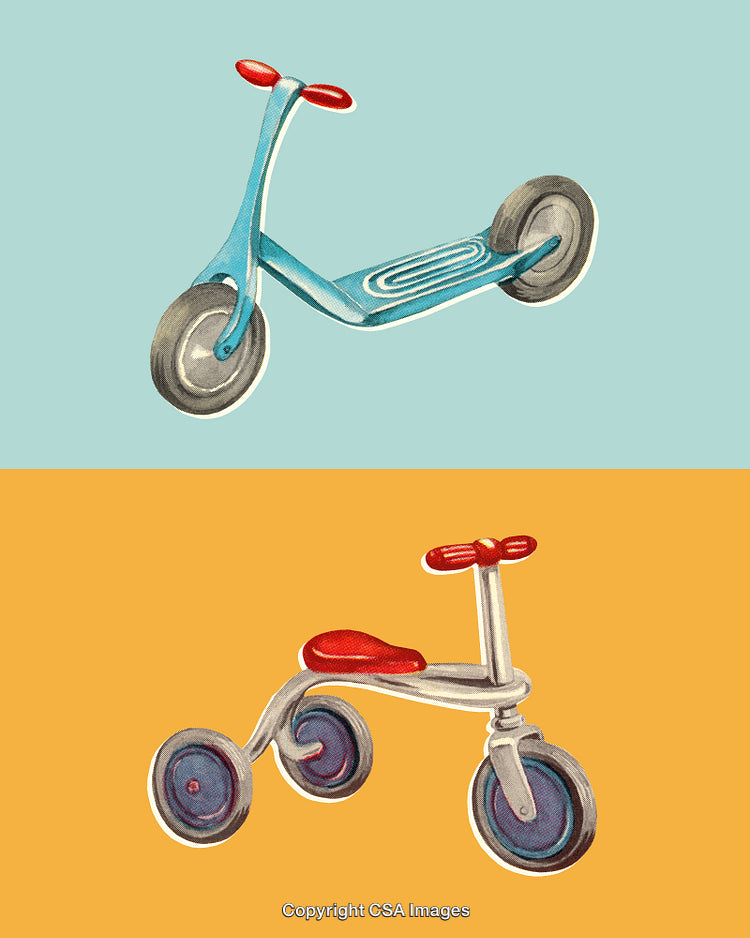 Retro Illustration of a Scooter and Tricycle on Vibrant Colored Backgrounds