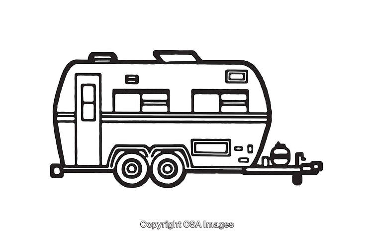 Black and White Line Art Illustration of a Retro Camper Trailer