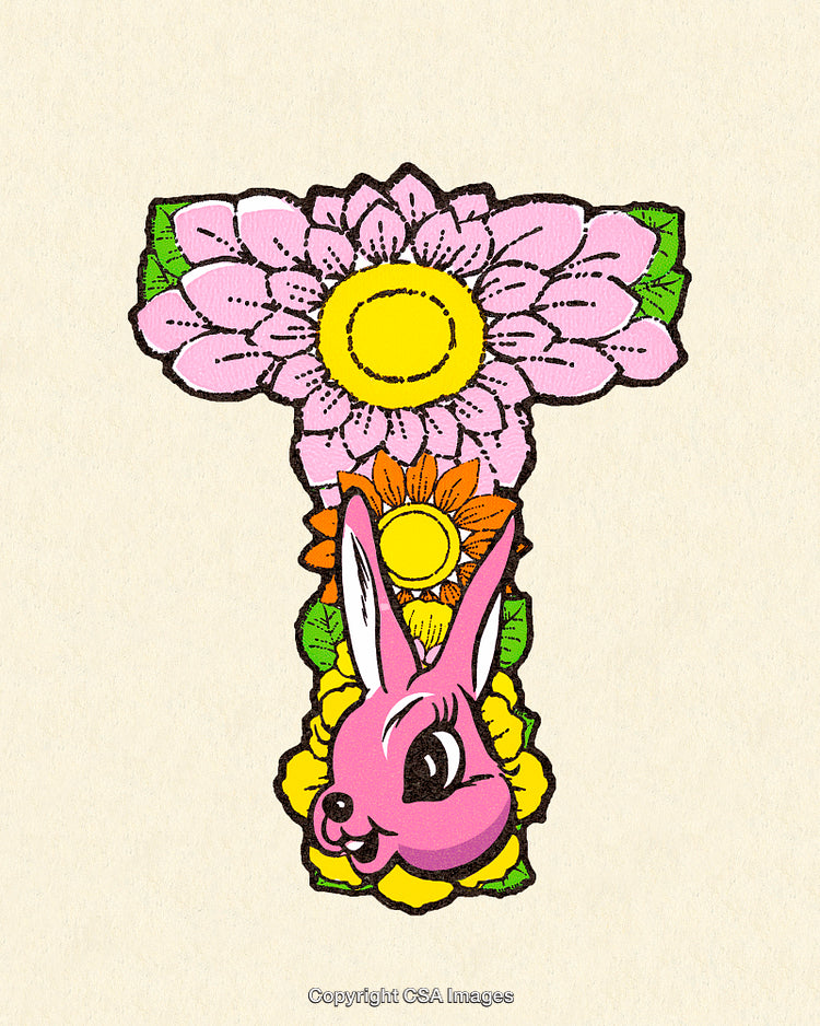 Vibrant Floral Typography Featuring Animated Pink Bunny and Sun Illustrations