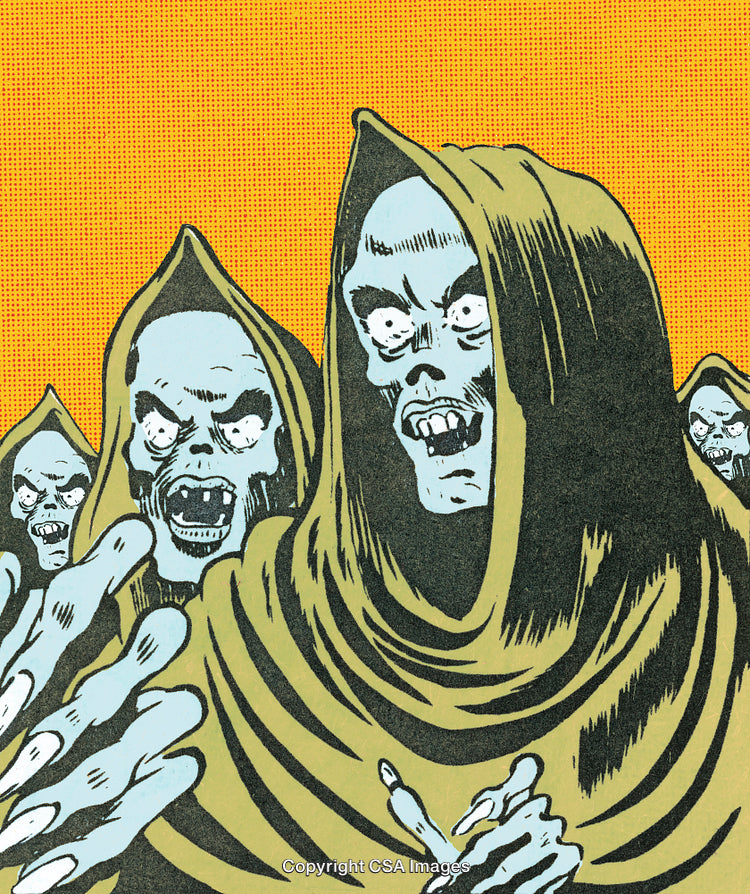 Zombie-like Monstrous Creatures in Hooded Robes Against a Yellow Background