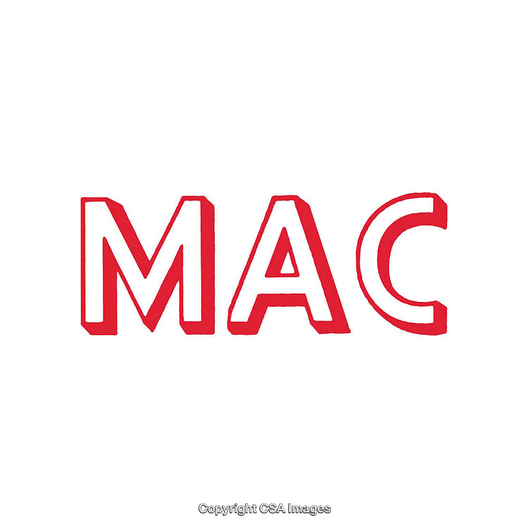 Red Bold Serif Text Spelling MAC on a Minimalistic White Background