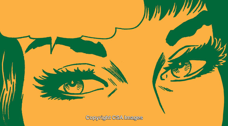 Closeup Pop Art Illustration of Woman's Eyes and Thought Bubble