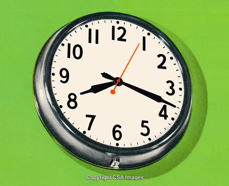 Classic Wall Clock Against Bright Green Background Captured in Vintage Graphic Style