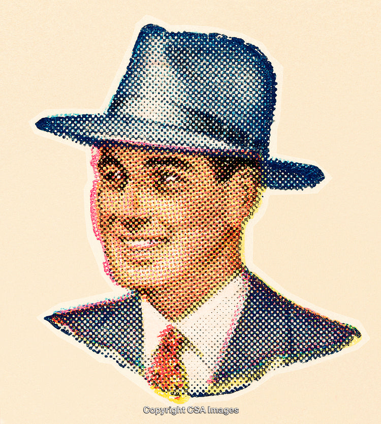 Artistic Retro Illustration of a Smiling Man in a Suit and Hat