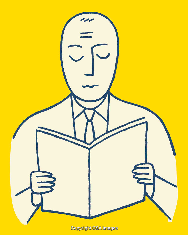 Illustration of a Businessman Reading a Book on Yellow Background
