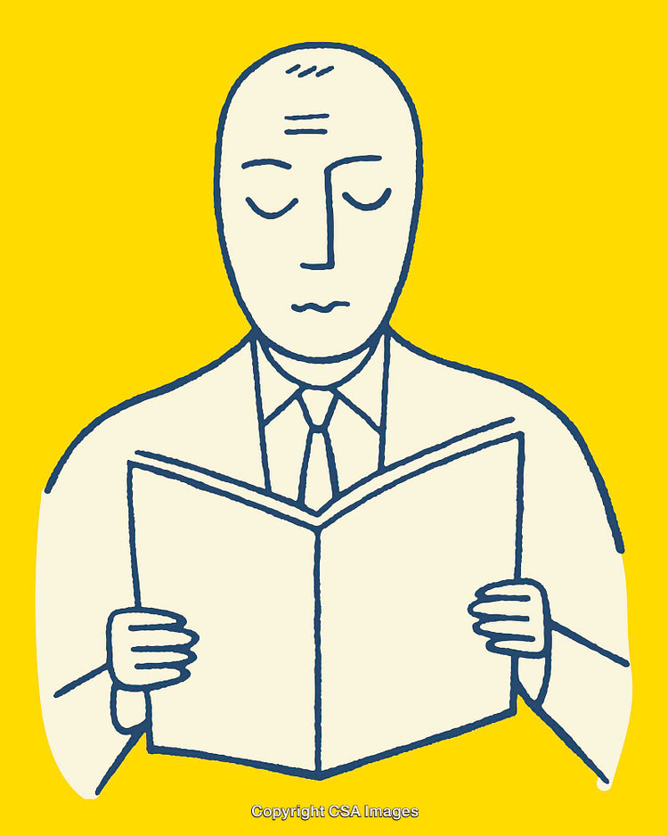 Illustration of a Businessman Reading a Book on Yellow Background