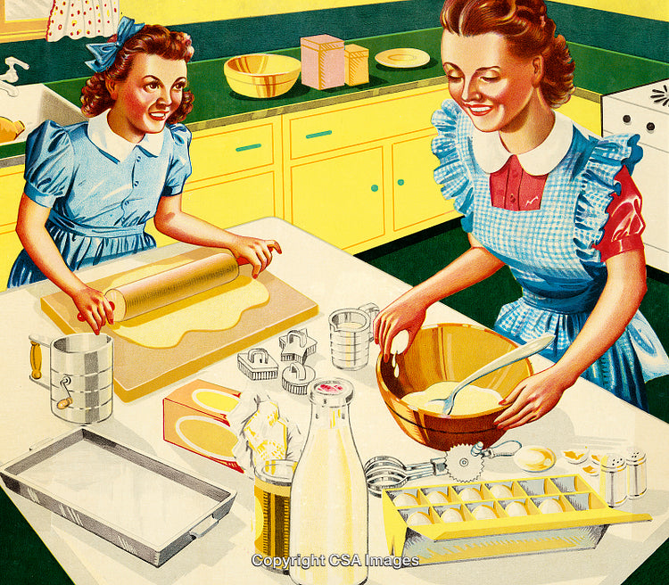 Mother and Daughter Baking Together in a Vintage Styled Kitchen