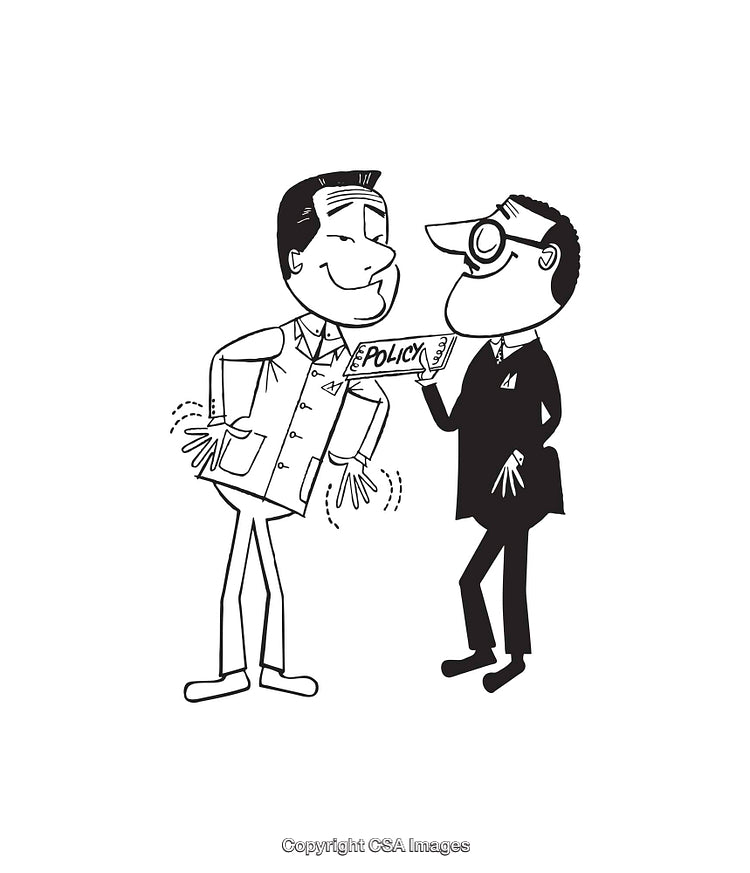 Black and White Illustration Featuring Business Interaction and Policy Document Exchange