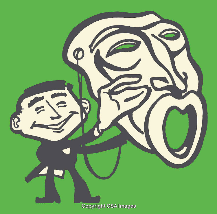 Abstract Character Holding Large Face Mask with Expressive Features