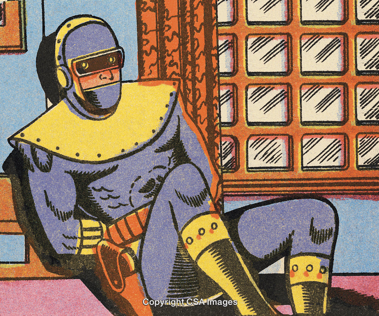 Retro Comic Book Style Illustration of Robot Character in Futuristic Attire