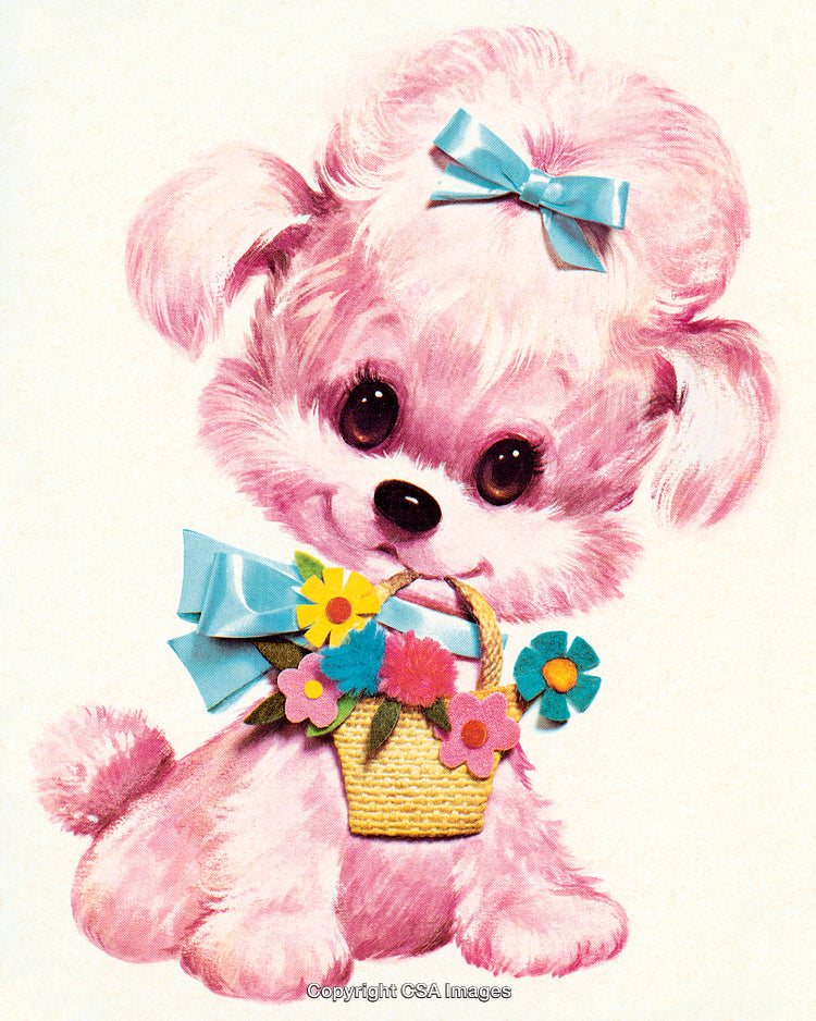 Adorable Pink Puppy with Blue Bow Holding Basket of Colorful Flowers