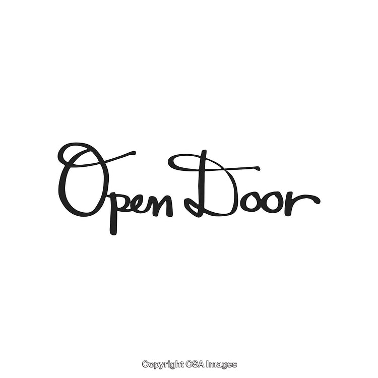 Elegant Handwritten Open Door Text on a Clean White Background