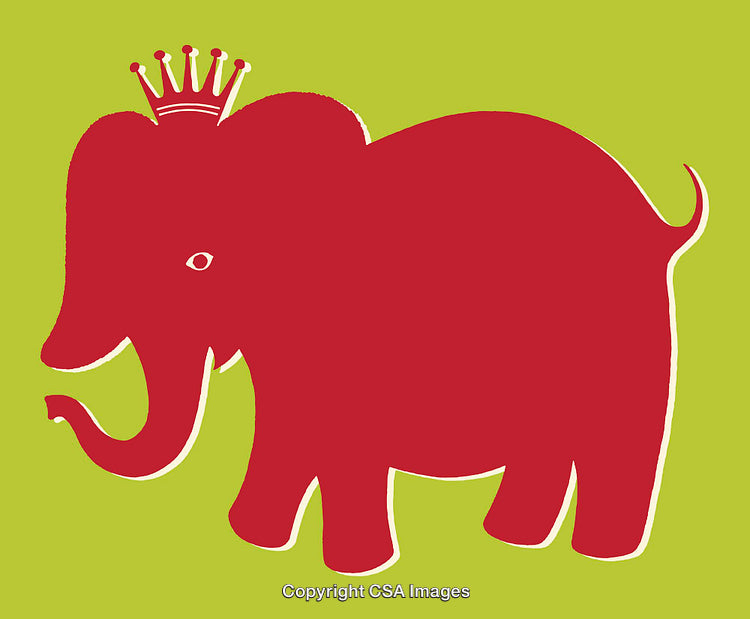 Red Elephant Line Illustration with a Crown on Green Background