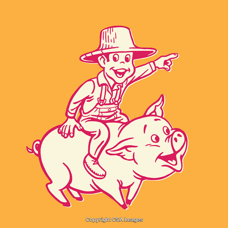 Cartoon Farmer Riding a Hog with Joyful Expression in Line Art Style