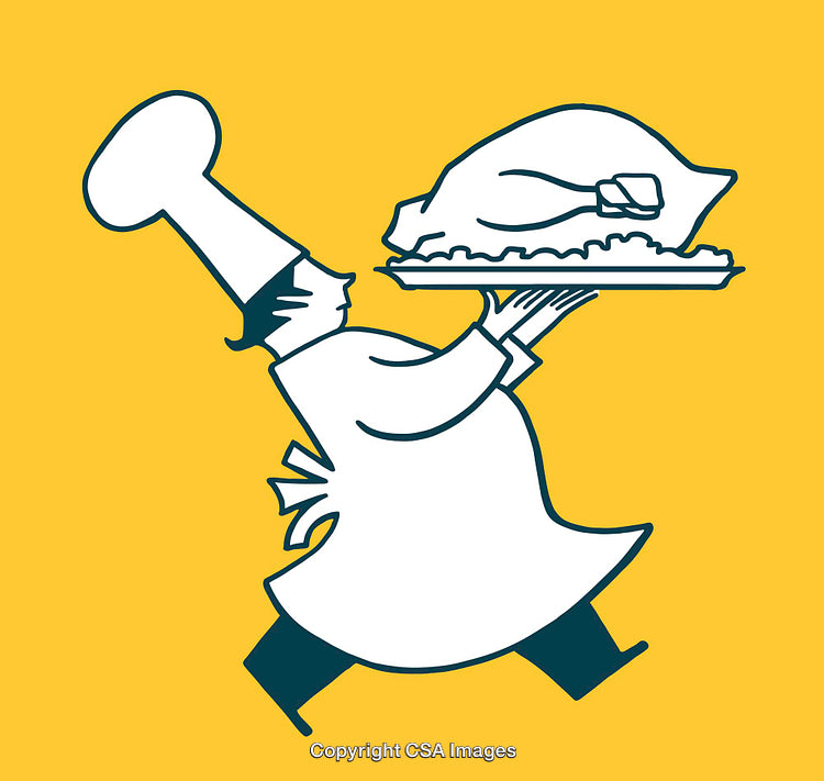Chef Carrying Platter with Cooked Turkey on Yellow Background Art