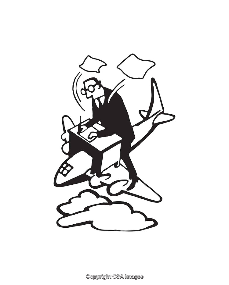 Black And White Line Art of Businessperson Working Mid-Flight