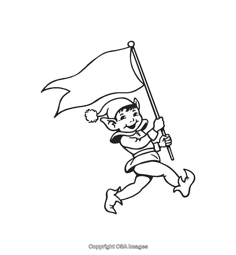 Cheerful Elf Holding a Flag in Black and White Line Art Illustration