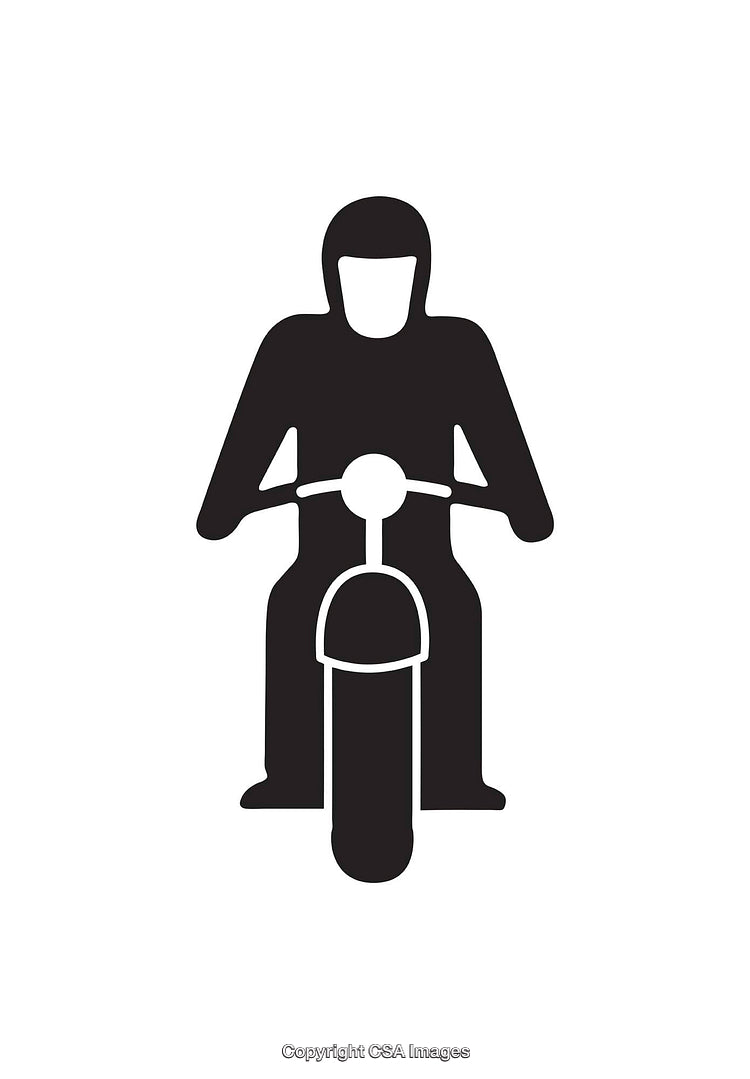 Black and White Icon of a Motorcyclist in Full Gear Riding Head-On