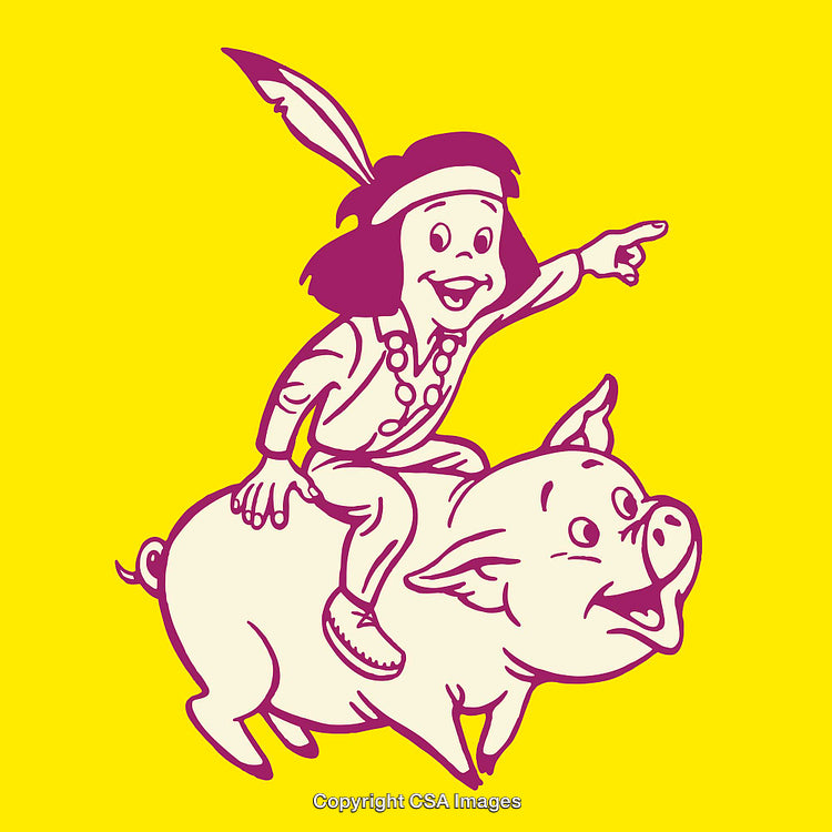 Colorful Line Art of Child Riding a Pig with Joyful Expression