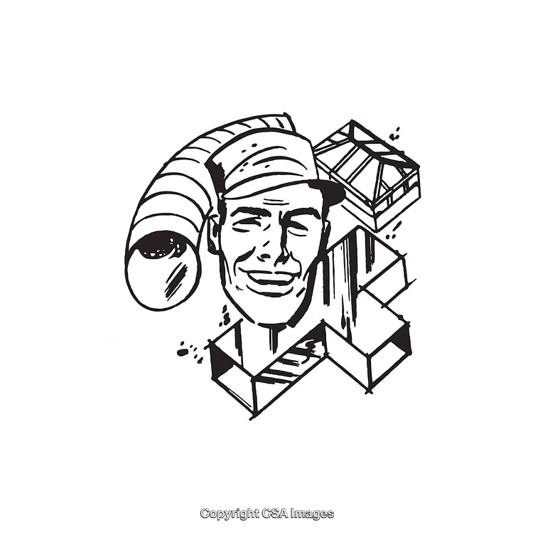 Black and White Line Art of a Worker and Industrial Elements