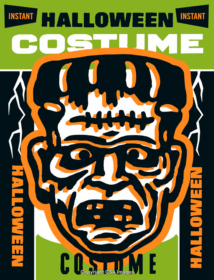 Bold Halloween Costume Design Featuring Frankenstein Illustration in Orange and Green