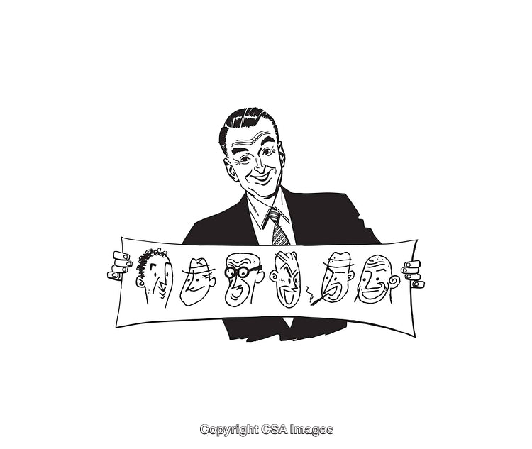 Businessman Displaying Cartoon Character Sketches in Black and White Style
