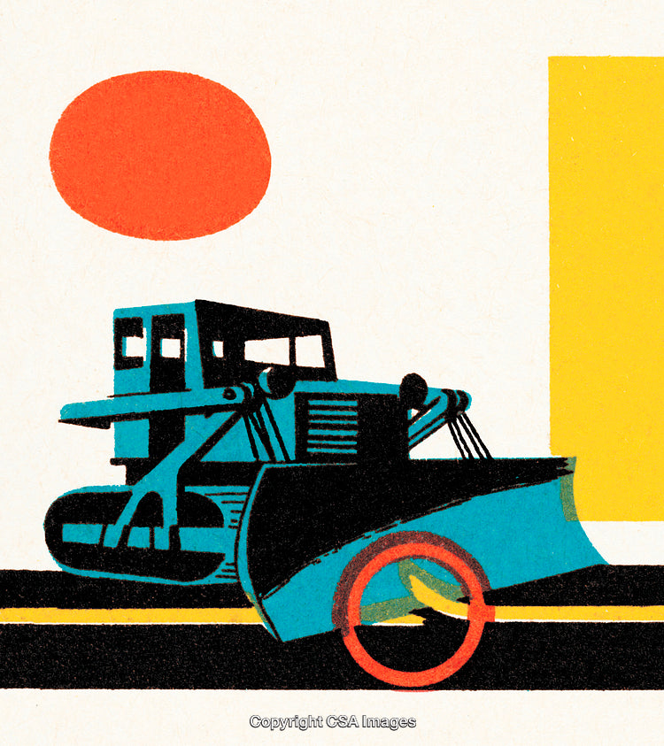 Bright Retro Style Illustrated Bulldozer with Geometric Shapes and Abstract Background