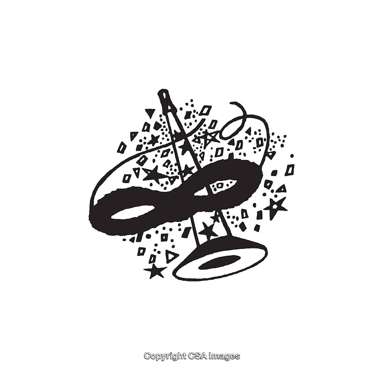 Black and White Illustration of Mask and Magic Hat with Stars and Shapes
