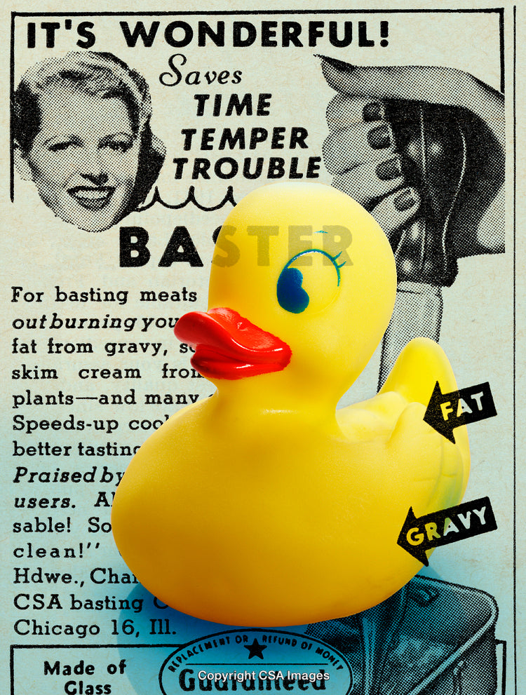 Yellow Rubber Duck with Vintage Advertisement Background and Bold Colors