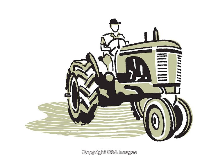 Illustrated Farmer Driving Classic Tractor in Field Scene