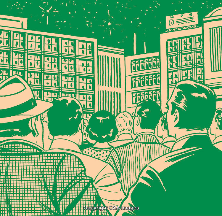 Retro-Style Illustration of Crowd Observing a Building Display at Night