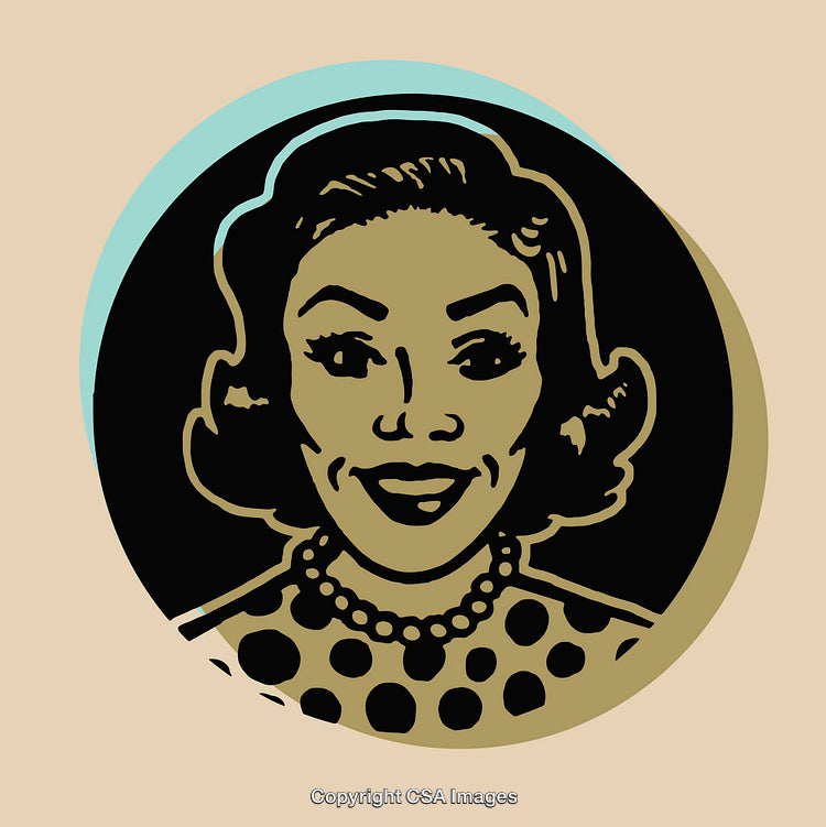 Retro Illustration of a Smiling Woman in Bold Polka Dot Style