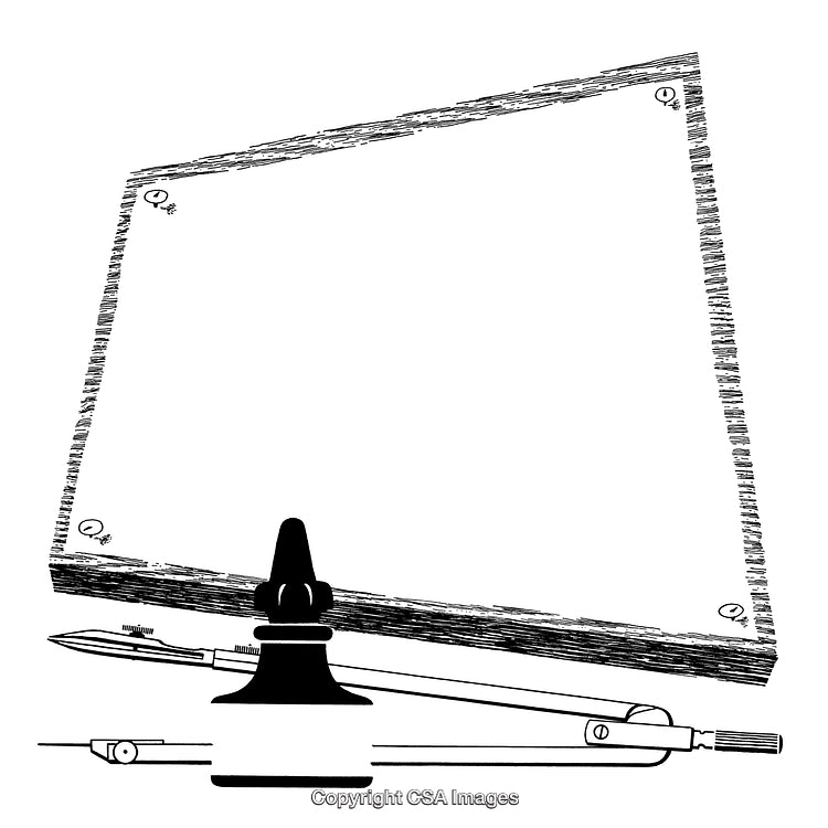 Black and White Illustration with Drawing Tools and Blank Canvas