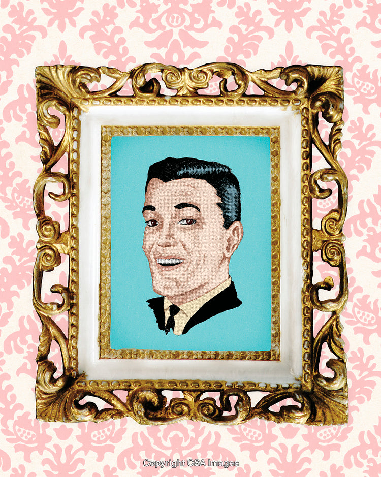 Vintage Portrait Illustration in Ornate Frame Surrounded by Pastel Backdrop