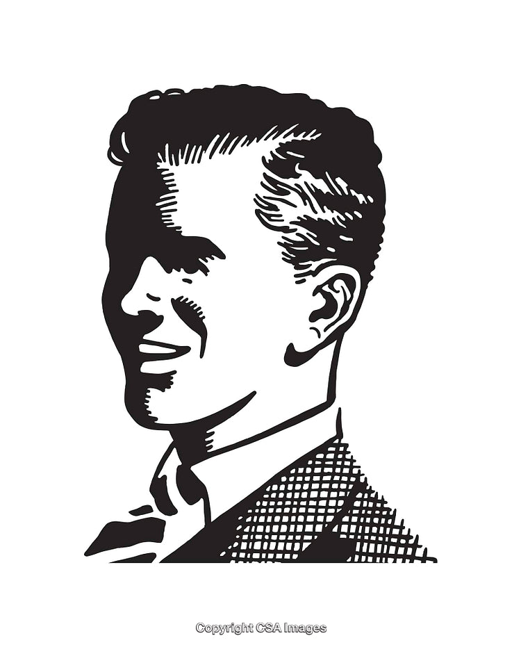 Vintage Black and White Line Art of a Smiling Gentleman