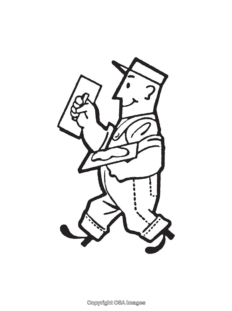 Black and White Line Art of a Walking Worker Holding a Clipboard