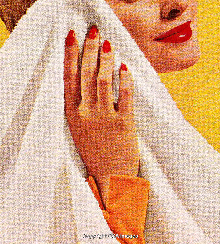 Woman Drying Face With Towel in Retro-Style Close-Up Image