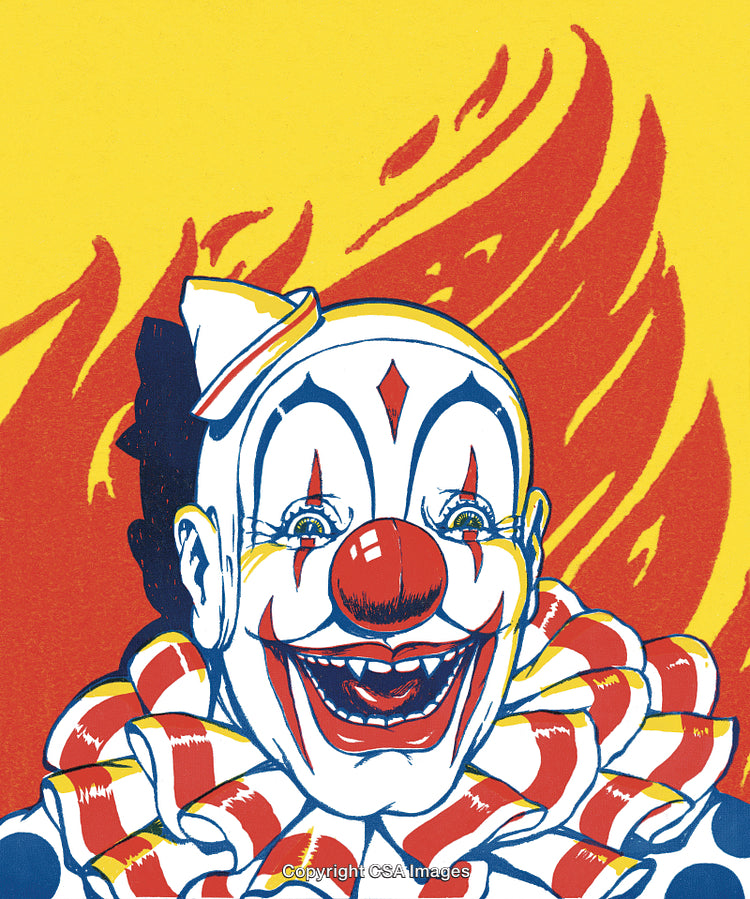 Colorful Vintage Clown Illustration with Bright Background Flames