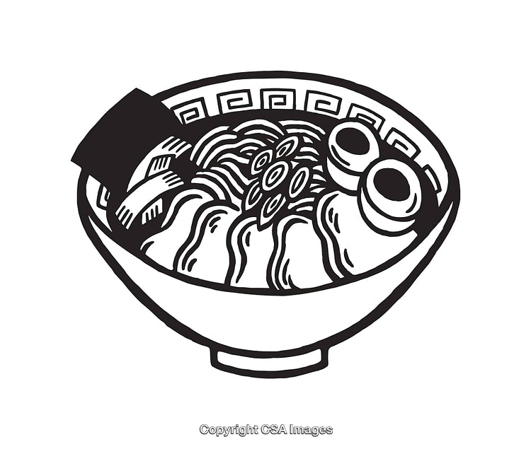 Black and White Line Art of Ramen Bowl with Ingredients