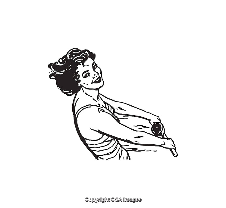 Vintage Black and White Illustration of a Smiling Woman in Retro Attire