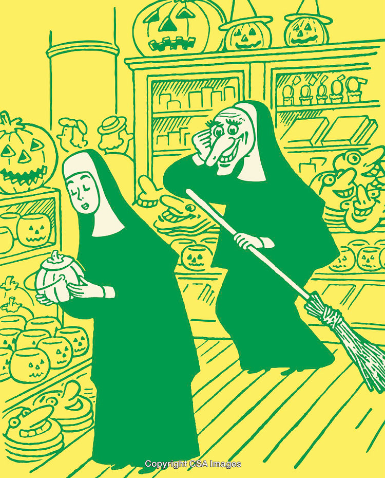 Color Line Art of Humorous Halloween Scene with Nuns and Jack-O'-Lanterns
