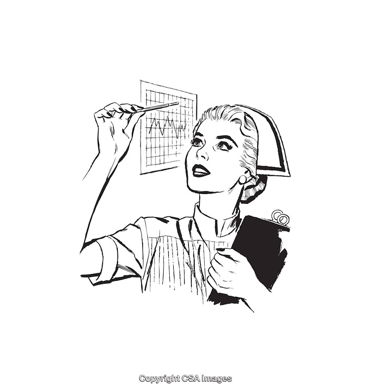Vintage Line Art of a Nurse Analyzing a Medical Graph