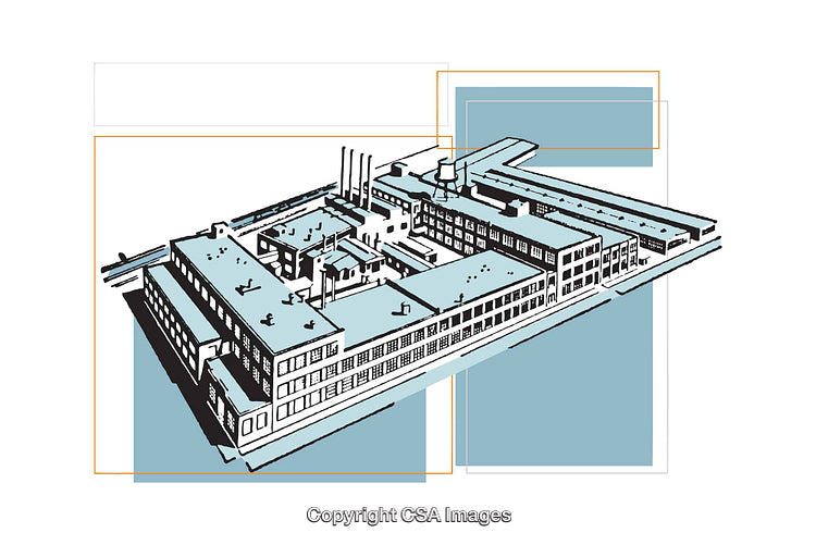 Architectural Illustration of a Modern Industrial Factory in Blue and White Tones