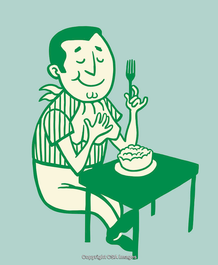 Man Enjoying a Delicious Meal in a Whimsical Line Art Style