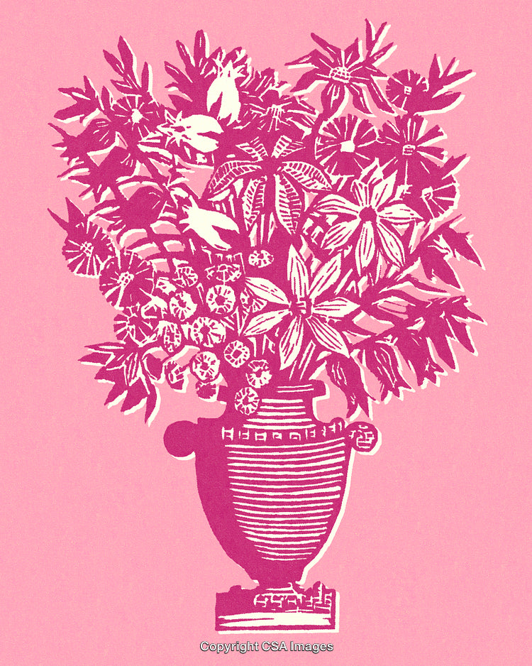 Pink Floral Artwork Featuring a Vase with Decorative Plant Arrangements